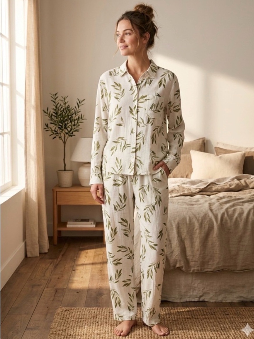 Piyama Marlon Leaf Print Cotton Pajama Set in Cream and Olive Medium Shirt/Pant - Picture 3 of 11